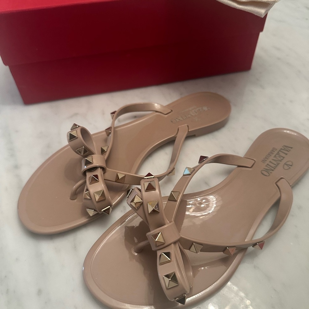 Valentino Tan Studded Sandals with Bow Details